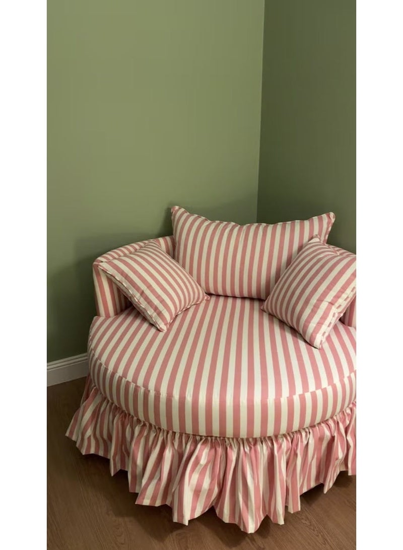 Modern round chair with pink stripes, cotton fabric, suede wood. - Image 4
