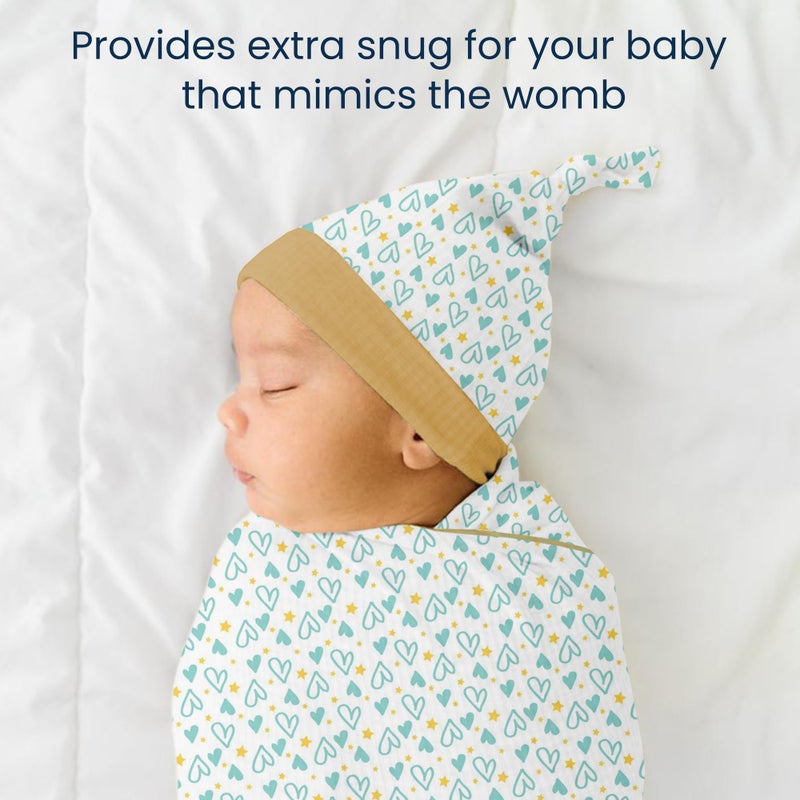 POLKA TOTS Cotton New Born Heart Print Swaddle Wrap with Cap, Soft & Breathable, Adjustable Velcro, Cozy & Secure Fit for Infant Comfort, Ideal for Baby Showers & Daily Use(0-6 Months) - Image 2