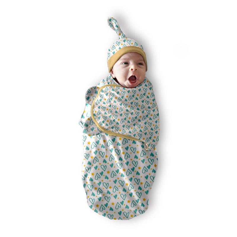 POLKA TOTS Cotton New Born Heart Print Swaddle Wrap with Cap, Soft & Breathable, Adjustable Velcro, Cozy & Secure Fit for Infant Comfort, Ideal for Baby Showers & Daily Use(0-6 Months) - Image 1