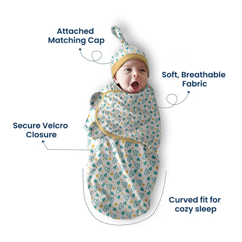 POLKA TOTS Cotton New Born Heart Print Swaddle Wrap with Cap, Soft & Breathable, Adjustable Velcro, Cozy & Secure Fit for Infant Comfort, Ideal for Baby Showers & Daily Use(0-6 Months) - Image 3