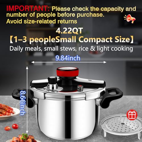 deeluban 4 Quart Stainless Steel Pressure Cooker, Heavy Duty Stovetop Pressure Cooker, Induction Compatible, Safe Locking Lid, Dishwasher Safe, Compact Fast Cooking Pot for Home Kitchen - Image 3