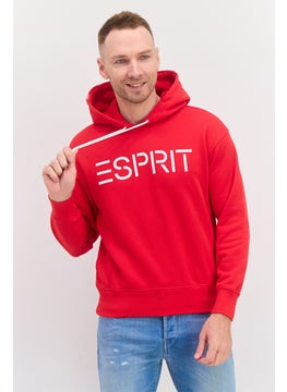 Men Hood Neck Brand Logo Long Sleeves Hoodie, Red