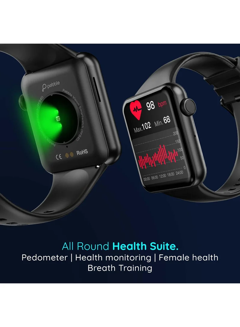 Pebble Vision 2.05" Smartwatch for Men and Women, Largest HD Display (600 Nits), Bluetooth Calling, Voice Assistance, HR & BP Monitoring, Alarm & Notification - Jet Black