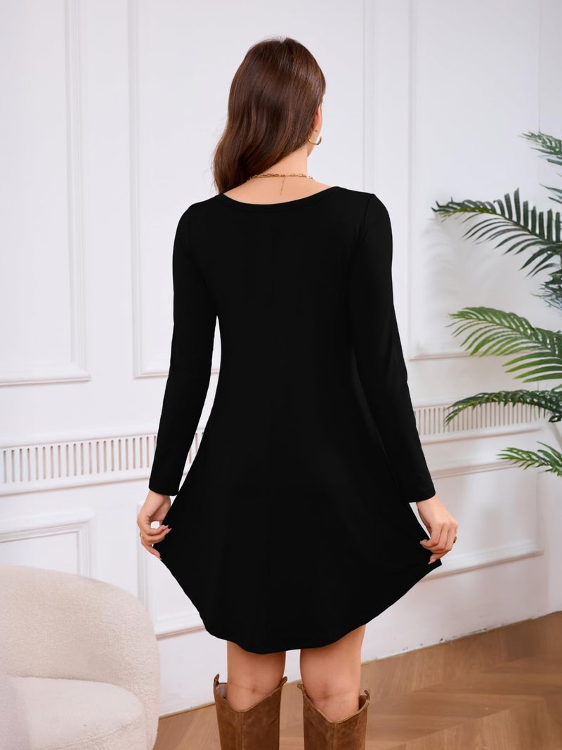 DEARCASE Women's Long Sleeve T Shirt Dress Black X-Large Crewneck Knee Length Loose Casual Flowy Swing Tunic Dresses with Pockets - Image 3
