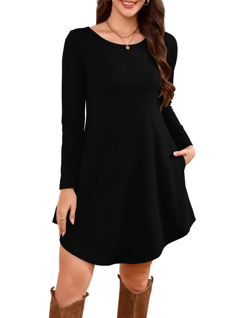 DEARCASE Women's Long Sleeve T Shirt Dress Black X-Large Crewneck Knee Length Loose Casual Flowy Swing Tunic Dresses with Pockets - Image 1