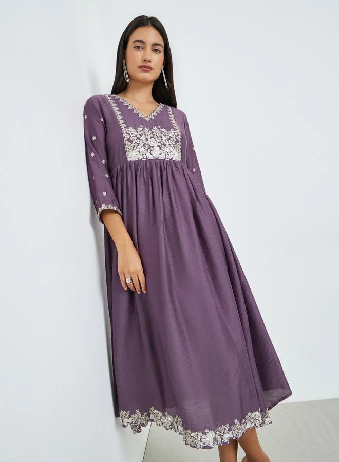 Purple Embroidery A-Line Midi Dress with 3/4th Sleeves