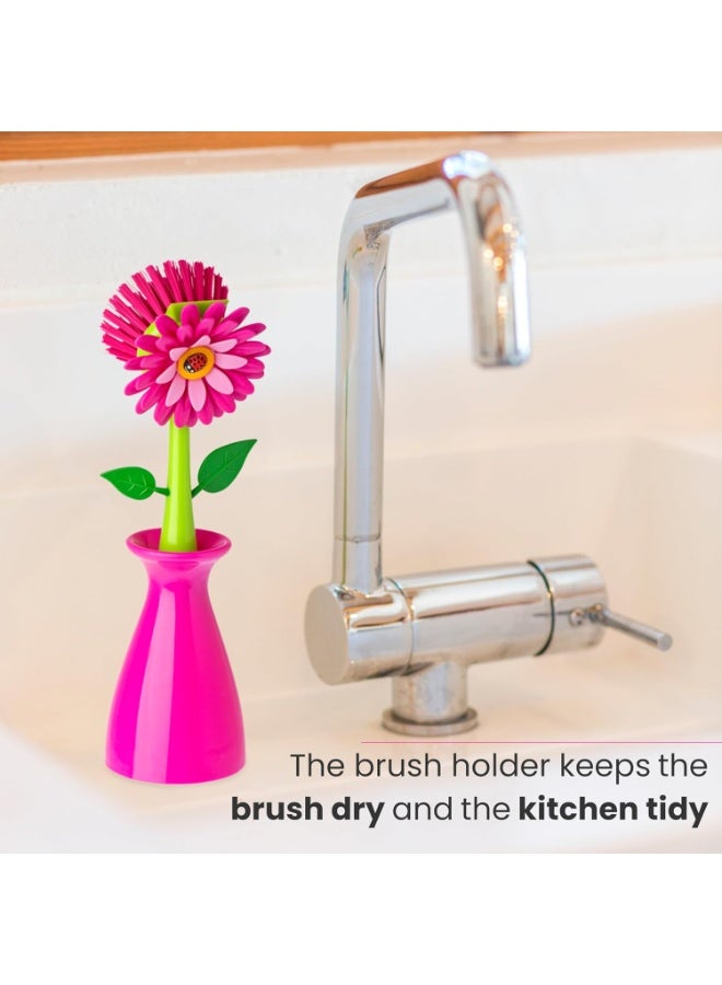 Vigar Flower Power Dish Brush with Handle and Vase Dish Brush Holder, Kitchen Scrub Brush for Pot Scrubber, Dishes, and Sink Cleaning, Pink, Green - Image 2