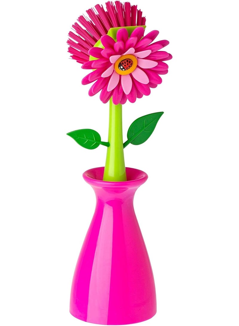 Vigar Flower Power Dish Brush with Handle and Vase Dish Brush Holder, Kitchen Scrub Brush for Pot Scrubber, Dishes, and Sink Cleaning, Pink, Green - Image 4