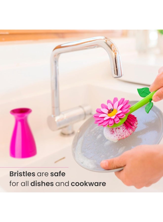 Vigar Flower Power Dish Brush with Handle and Vase Dish Brush Holder, Kitchen Scrub Brush for Pot Scrubber, Dishes, and Sink Cleaning, Pink, Green - Image 5
