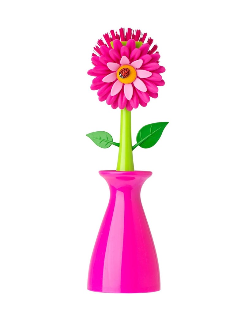 Vigar Flower Power Dish Brush with Handle and Vase Dish Brush Holder, Kitchen Scrub Brush for Pot Scrubber, Dishes, and Sink Cleaning, Pink, Green - Image 1