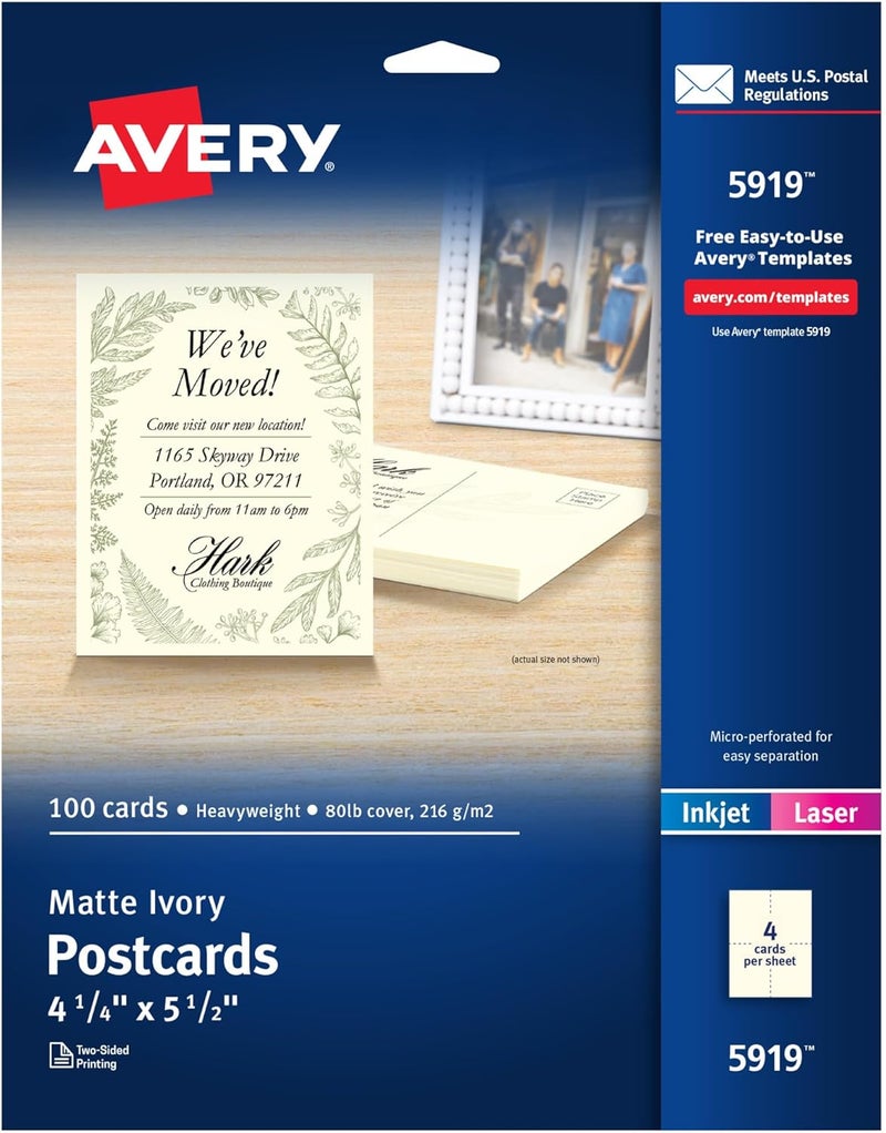 AVERY Printable Postcards, 4.25" x 5.5", Ivory, 100 Blank Postcards for Laser and Inkjet Printers (5919) - Image 1