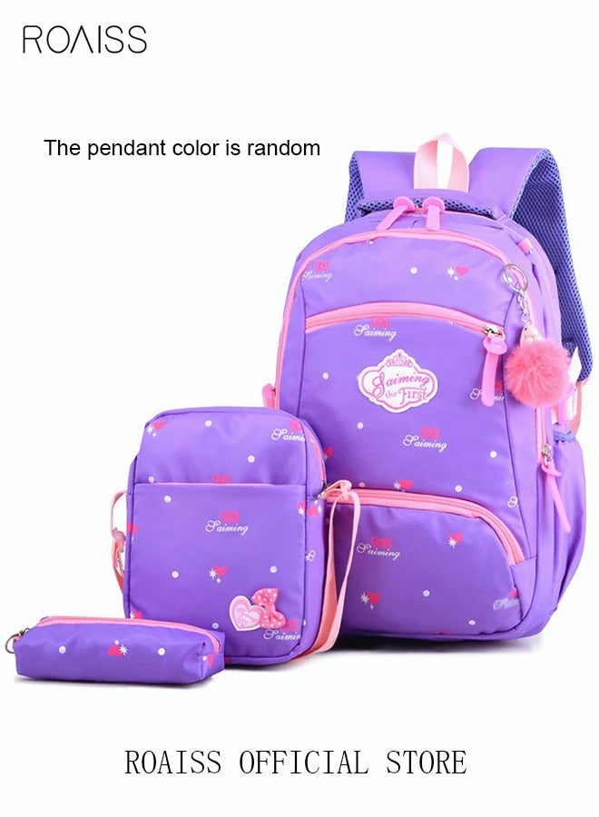 roaiss 3pcs Heart and Bowknot Printed Graphic Cute Functional Backpack Set Schoolbag and Shoulder Bag and Pencil Case with Doll Pendant for Kids Girls Purple - Image 1