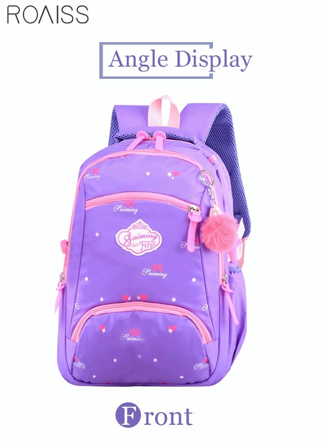 roaiss 3pcs Heart and Bowknot Printed Graphic Cute Functional Backpack Set Schoolbag and Shoulder Bag and Pencil Case with Doll Pendant for Kids Girls Purple - Image 3