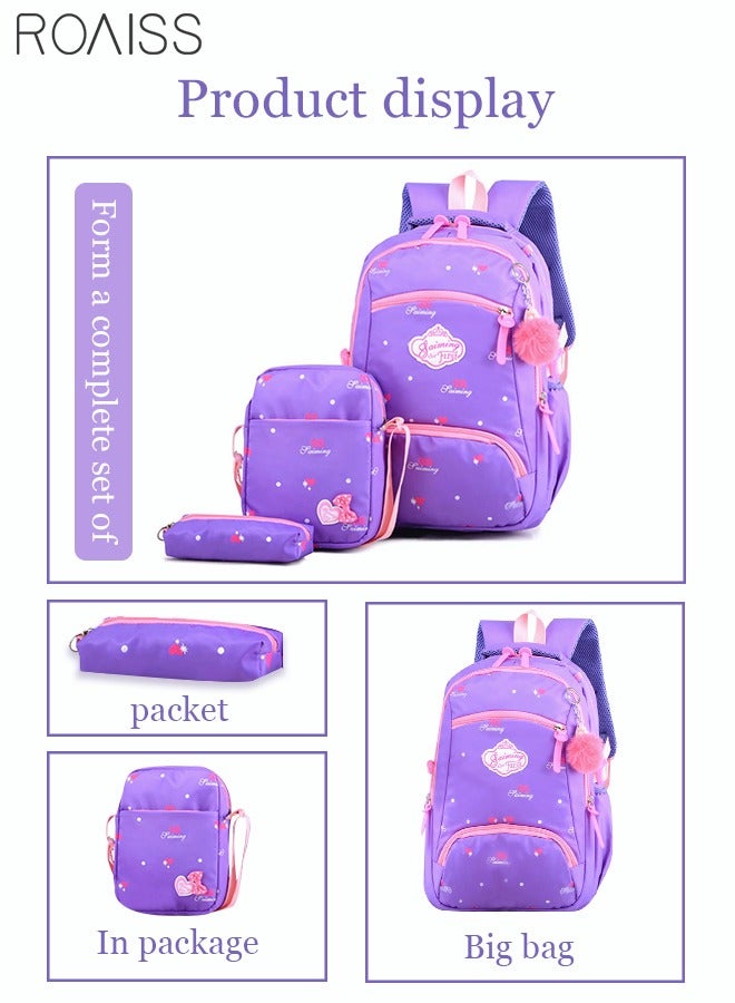roaiss 3pcs Heart and Bowknot Printed Graphic Cute Functional Backpack Set Schoolbag and Shoulder Bag and Pencil Case with Doll Pendant for Kids Girls Purple - Image 2