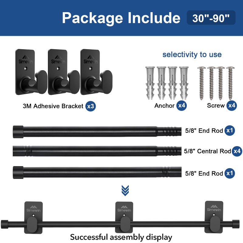 SIMEWIN Curtain Rods No Drilling for Windows 30 to 90 Inches,5/8 Inch Diameter No Drill Small Curtain Rod Set with 3M Adhesive Brackets, Black - Image 5