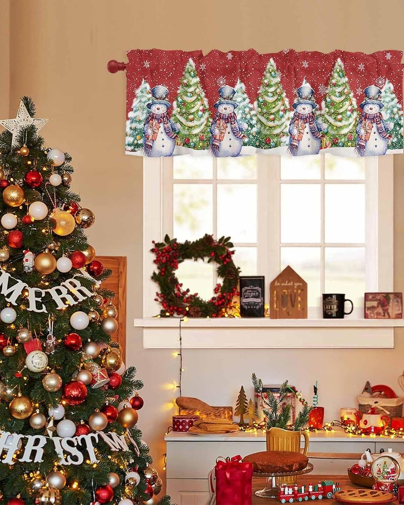 Christmas Curtain Valances Xmas Tree Snowman Valance for Kitchen Windows Snowflake Red Rod Pocket Valance Curtains for Living Room Bedroom Small Windows Home Decor 42x12in - Image 4