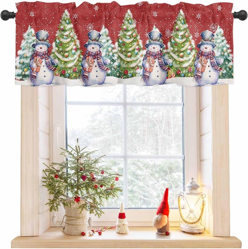 Christmas Curtain Valances Xmas Tree Snowman Valance for Kitchen Windows Snowflake Red Rod Pocket Valance Curtains for Living Room Bedroom Small Windows Home Decor 42x12in - Image 1