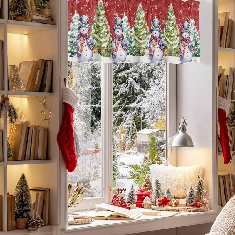 Christmas Curtain Valances Xmas Tree Snowman Valance for Kitchen Windows Snowflake Red Rod Pocket Valance Curtains for Living Room Bedroom Small Windows Home Decor 42x12in - Image 3