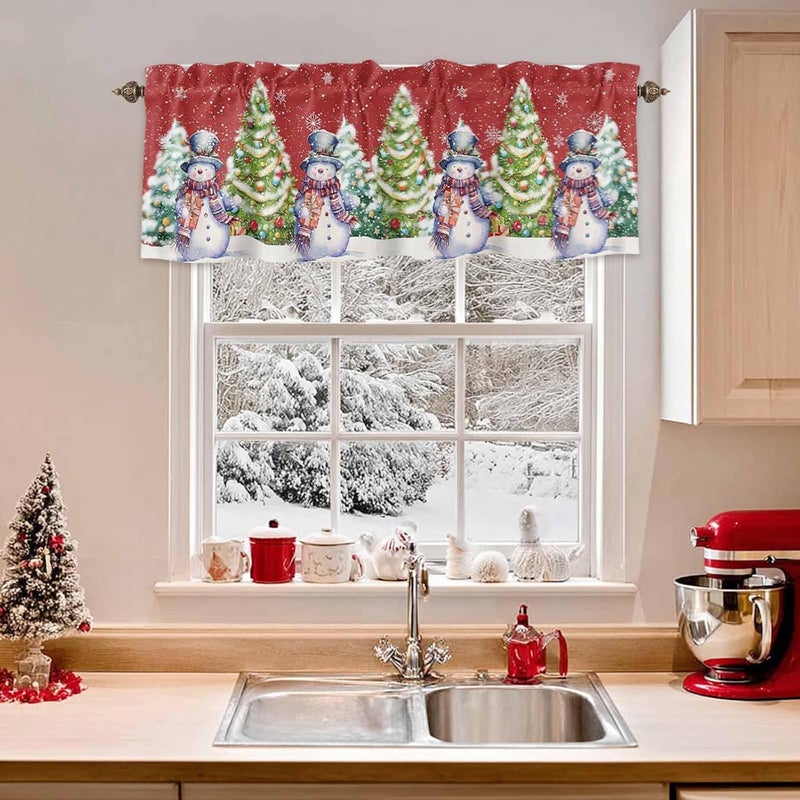 Christmas Curtain Valances Xmas Tree Snowman Valance for Kitchen Windows Snowflake Red Rod Pocket Valance Curtains for Living Room Bedroom Small Windows Home Decor 42x12in - Image 2