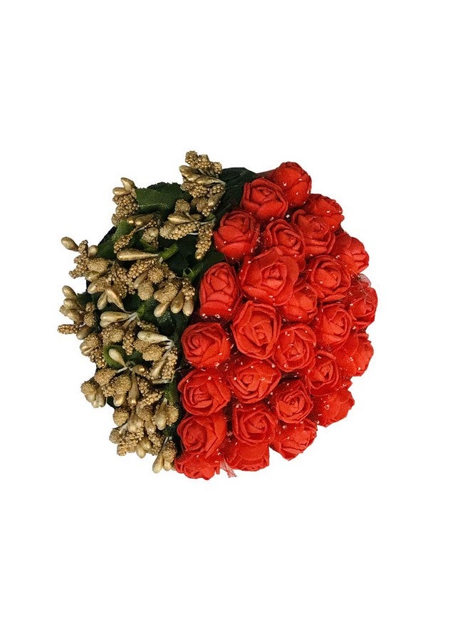 AROOMAN™ Artificial New Flower Bun/Gajra Juda/Accessories Bun For Women, Girls, Color-Red and Gold, Pack-01