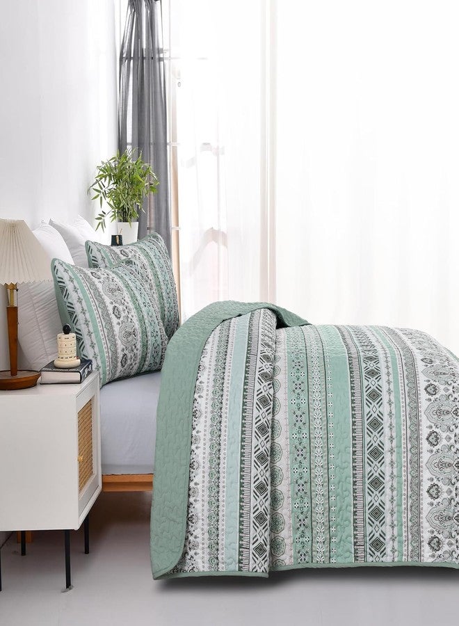 Goodidea Boho Quilt Set Queen Size,3 Piece Green Bohemian Striped Bedspread Coverlet Set with 2 Pillow Cases Lightweight Soft Microfiber Bedding Set for All Seasons (96"x90") - Image 3