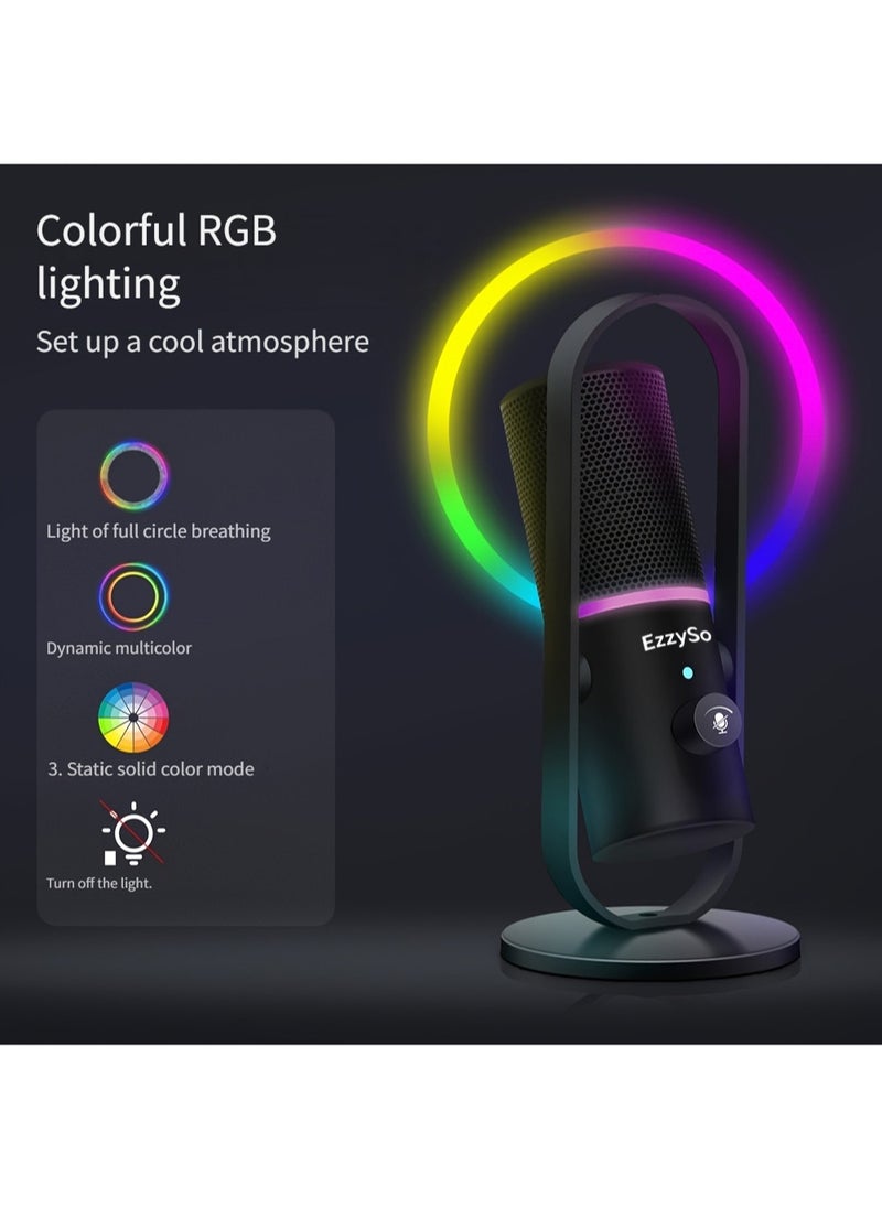 EzzySo - Gaming Microphone For PC Computer Gaming USB Mic For Mac PS4 PS5 Condenser Mic With Quick Mute RGB Control For Recording Streaming Podcasting Twitch Snapchat Podcasts Videos - Image 1