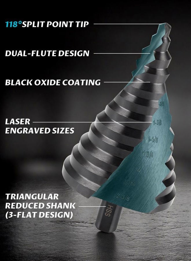Lichamp Jumbo 2-3/8" Unibit Step Drill Bit for Metal, Extra Large Drill Stepper Bit for Hard Metal Heavy Duty, 12 Sizes from 1/4" to 2-3/8", Spiral Grooved with Hex Drive, C5BK - Image 3