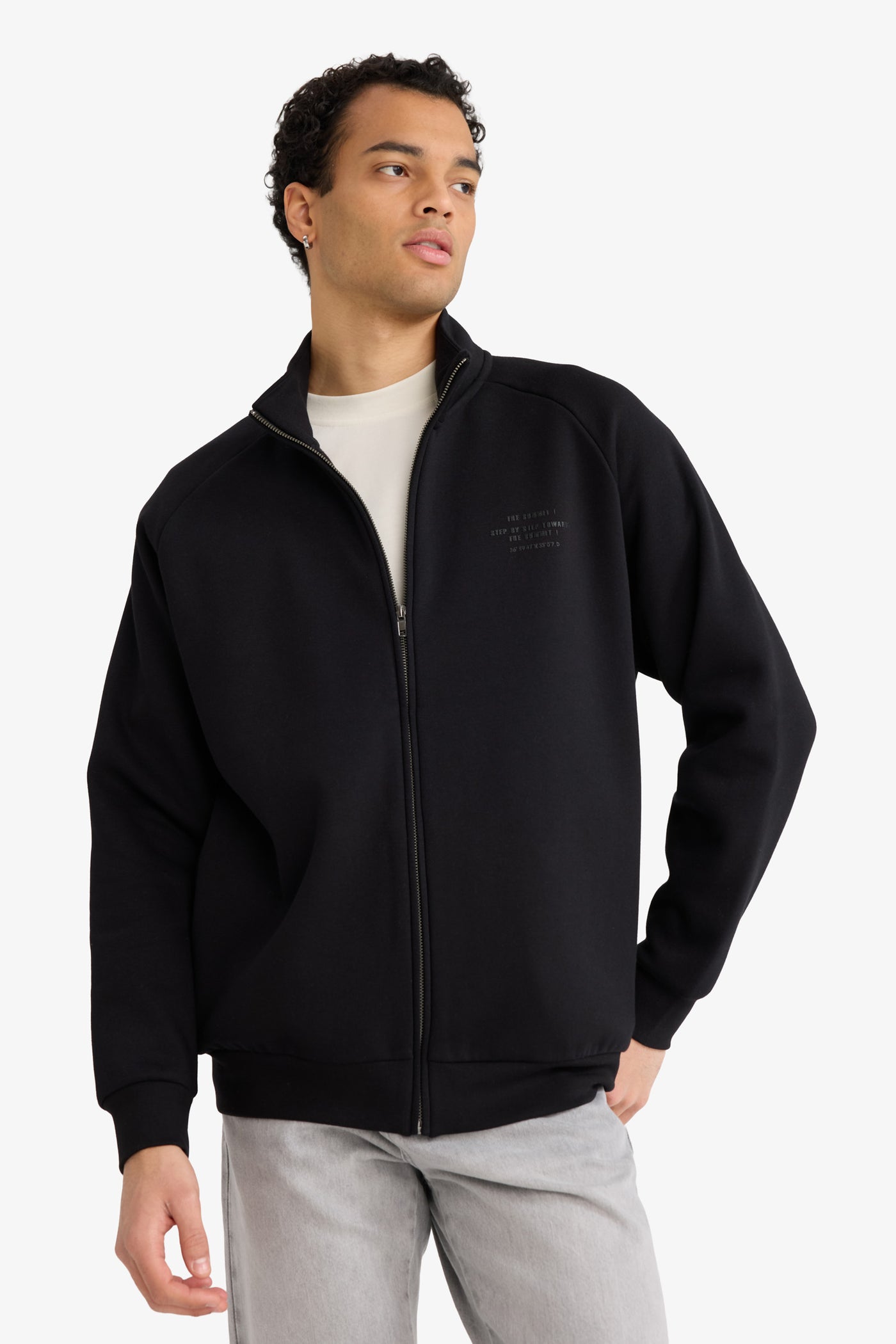 Black Man Boxy Fit High Neck Soft Inside Zip -Up Sweatshirt Casual