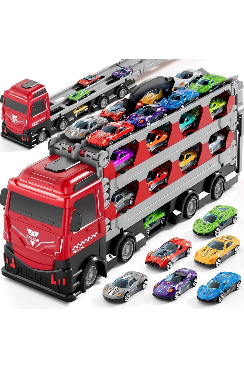 Carrier Truck for 3 4 5 6 Year Old kids with Foldable 5.3FT Track, 8 Die-Cast Metal Small Race Cars, Dual Rail Ejection Device, Toy Truck Play Set for Boys Girls Gift, 14.5 * 6.9 INCH - Image 1