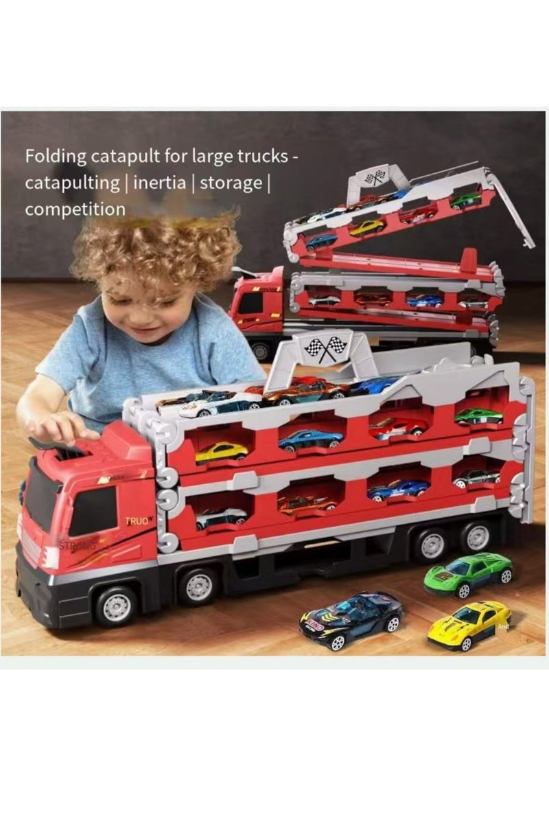 Carrier Truck for 3 4 5 6 Year Old kids with Foldable 5.3FT Track, 8 Die-Cast Metal Small Race Cars, Dual Rail Ejection Device, Toy Truck Play Set for Boys Girls Gift, 14.5 * 6.9 INCH - Image 2