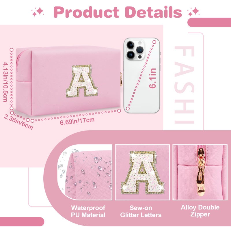 ChaoGreat Small Personalized Initial A-Z Patch Makeup Bag,Pink Cute PU Leather Glitter Letter Cosmetic Bag for Teen Girls,Travel Toiletry Bag with Zipper,Preppy Monogrammed Birthday Gift for Daughter Niece A - Image 2