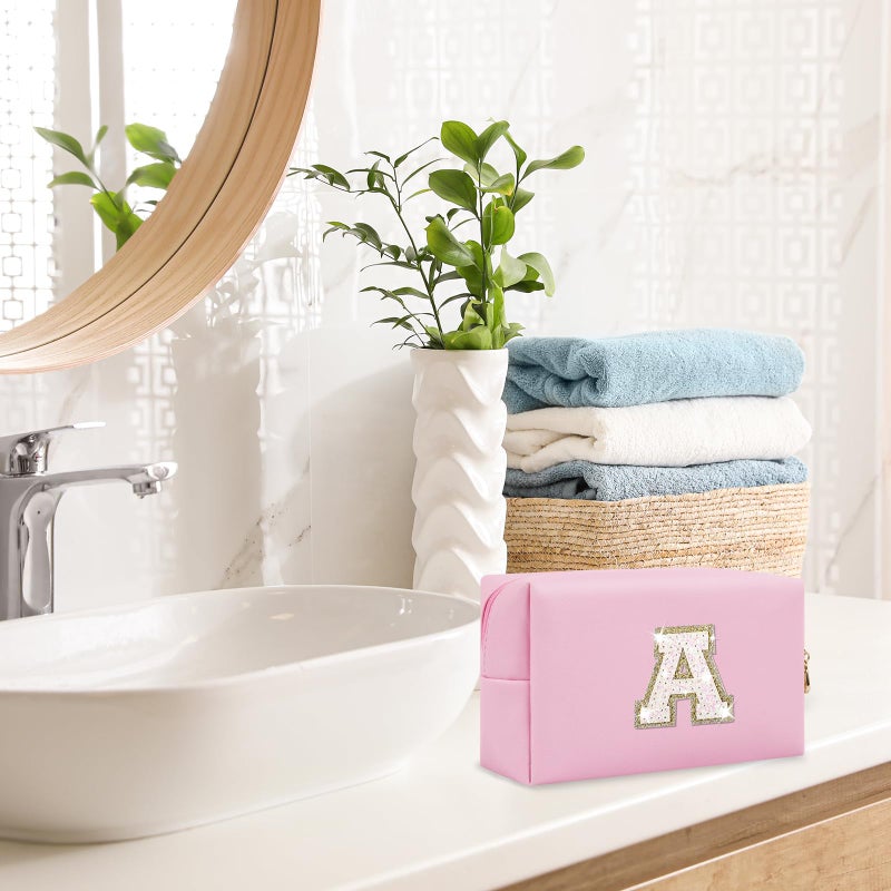ChaoGreat Small Personalized Initial A-Z Patch Makeup Bag,Pink Cute PU Leather Glitter Letter Cosmetic Bag for Teen Girls,Travel Toiletry Bag with Zipper,Preppy Monogrammed Birthday Gift for Daughter Niece A - Image 3