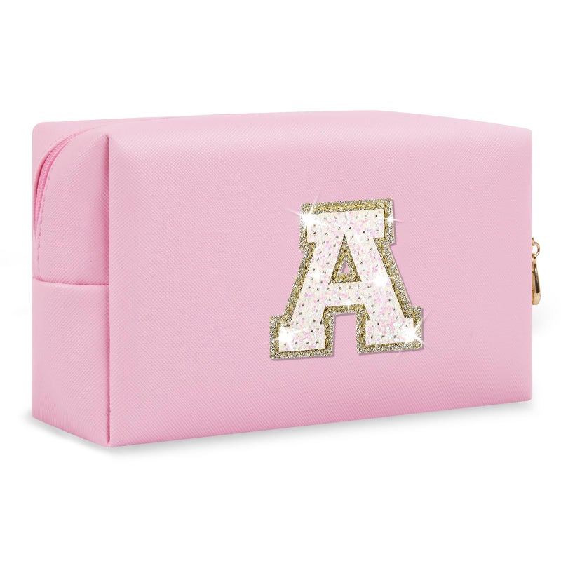 ChaoGreat Small Personalized Initial A-Z Patch Makeup Bag,Pink Cute PU Leather Glitter Letter Cosmetic Bag for Teen Girls,Travel Toiletry Bag with Zipper,Preppy Monogrammed Birthday Gift for Daughter Niece A - Image 1
