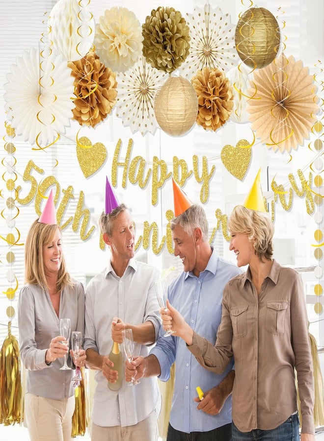 Roetyce 50th Anniversary Decorations, Gold Glitter Happy 50th Anniversary Banner Photo Background for Women Men, Cheers to 50 Years Backdrop Pompoms Paper Fans Party Supplies Dad Mom - Image 2