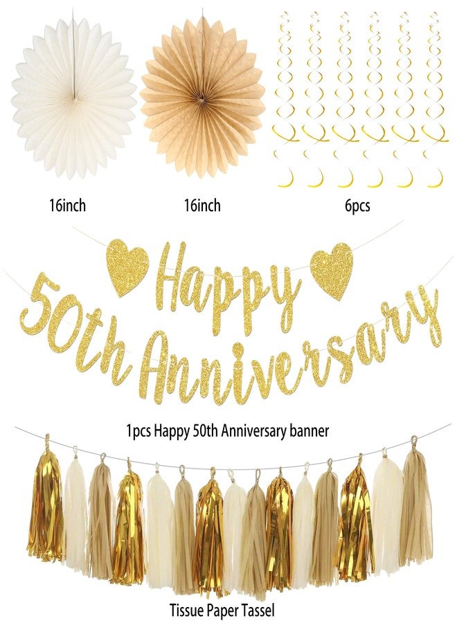 Roetyce 50th Anniversary Decorations, Gold Glitter Happy 50th Anniversary Banner Photo Background for Women Men, Cheers to 50 Years Backdrop Pompoms Paper Fans Party Supplies Dad Mom - Image 4