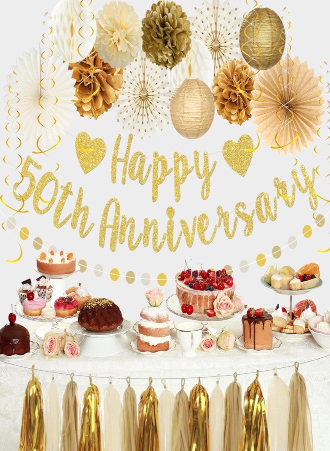 Roetyce 50th Anniversary Decorations, Gold Glitter Happy 50th Anniversary Banner Photo Background for Women Men, Cheers to 50 Years Backdrop Pompoms Paper Fans Party Supplies Dad Mom - Image 3