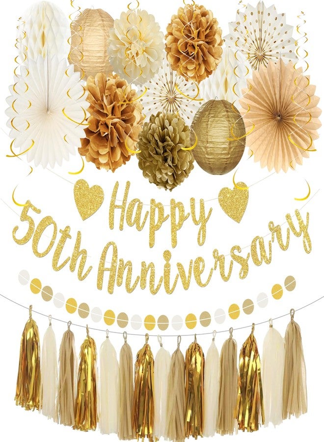 Roetyce 50th Anniversary Decorations, Gold Glitter Happy 50th Anniversary Banner Photo Background for Women Men, Cheers to 50 Years Backdrop Pompoms Paper Fans Party Supplies Dad Mom - Image 1