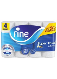 Fine Towel Pro, Highly Absorbent, Sterilized And Half Perforated Kitchen Paper Towel, 3 Ply Pack Of 4 White  - Image 1
