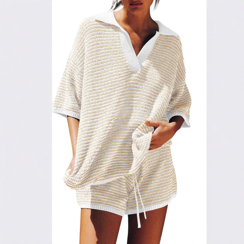 Women's Knit Homewear Two-Piece Set, V-Neck Striped Top and High-Waist Shorts, Casual Lounge Set - Image 3