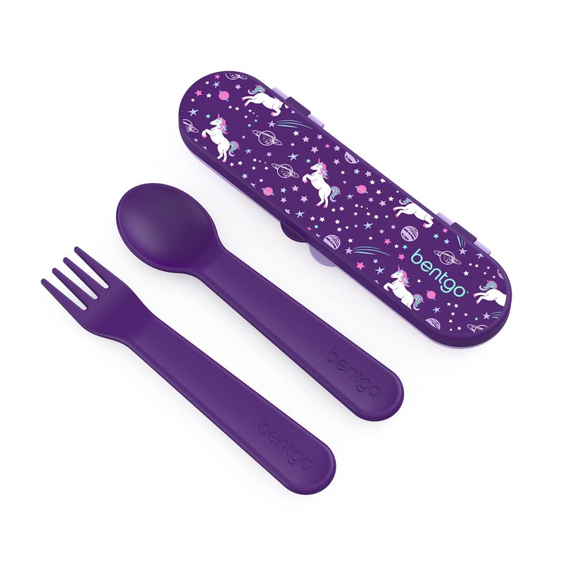 بنتجو Kids Utensil Set - Reusable Plastic Fork, Spoon  Storage Case - BPA-Free Materials, Easy-Grip Handles, Dishwasher Safe - Ideal for School Lunch, Travel,  Outdoors (Unicorn) - Image 1