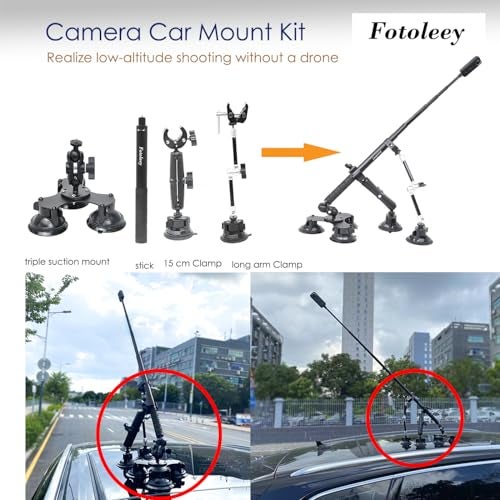 Fotoleey 5 in 1 Suction Cups Car Mount Kit for Insta360 X5/X4/X3, for GoPro Hero13/12/11/10, for DJI 360, for Heavy Duty Low Altitude Car Footage, 5 Suction Cups with Extension Rod, Car Outside Mount - Image 3