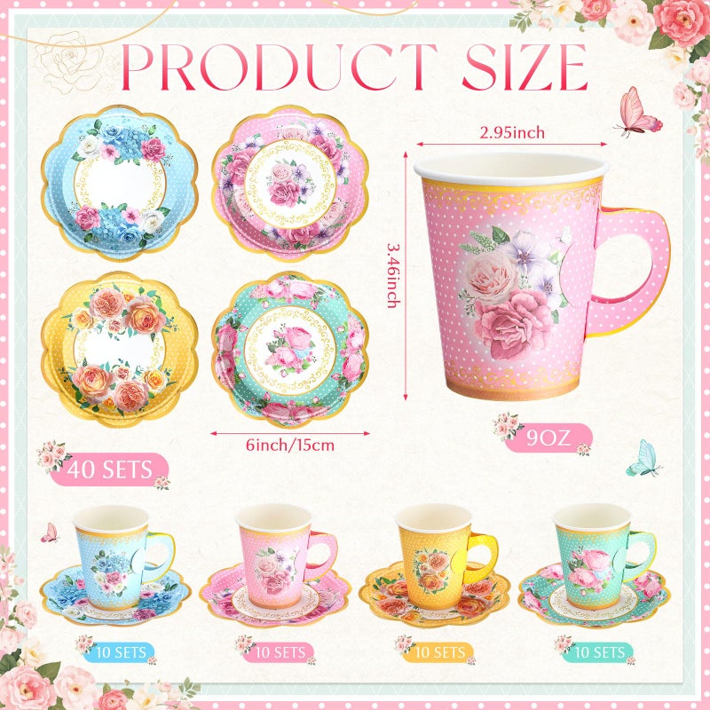 FoldTier 162 Pcs Floral Paper Tea Party Supplies Disposable 9 oz Tea Cup with Handle Flower Plates Napkin Cupcake Topper Decoration Banner Plastic Tablecloth for Birthday Wedding Bridal Baby Shower - Image 2