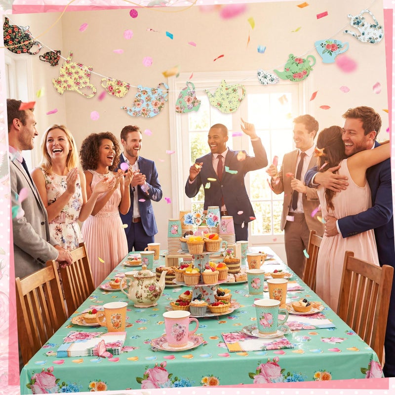 FoldTier 162 Pcs Floral Paper Tea Party Supplies Disposable 9 oz Tea Cup with Handle Flower Plates Napkin Cupcake Topper Decoration Banner Plastic Tablecloth for Birthday Wedding Bridal Baby Shower - Image 5