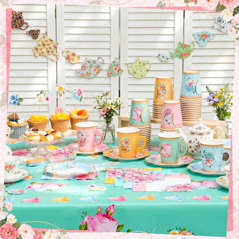 FoldTier 162 Pcs Floral Paper Tea Party Supplies Disposable 9 oz Tea Cup with Handle Flower Plates Napkin Cupcake Topper Decoration Banner Plastic Tablecloth for Birthday Wedding Bridal Baby Shower - Image 4