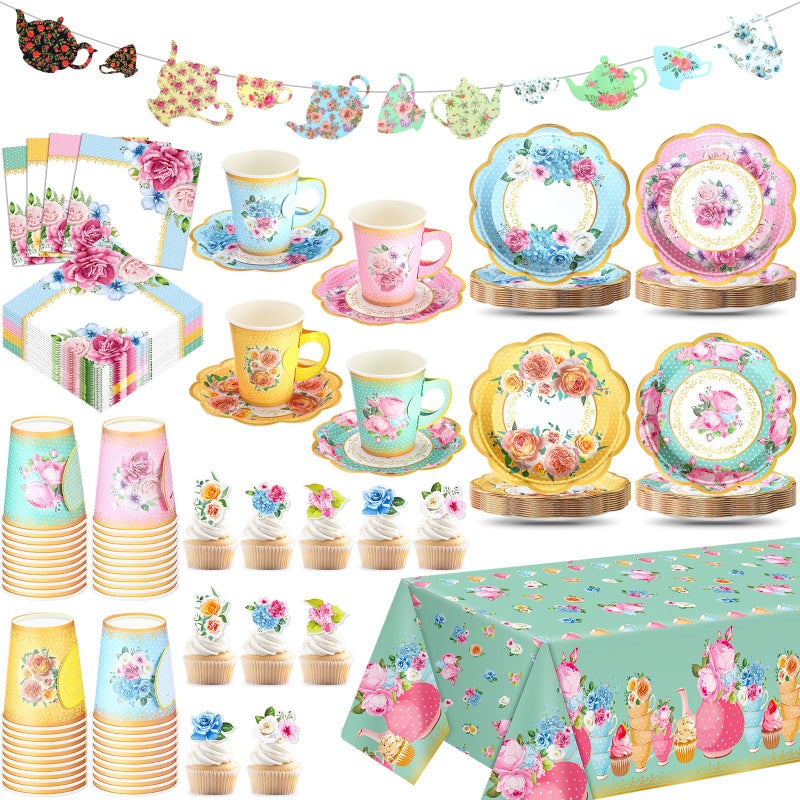FoldTier 162 Pcs Floral Paper Tea Party Supplies Disposable 9 oz Tea Cup with Handle Flower Plates Napkin Cupcake Topper Decoration Banner Plastic Tablecloth for Birthday Wedding Bridal Baby Shower - Image 1