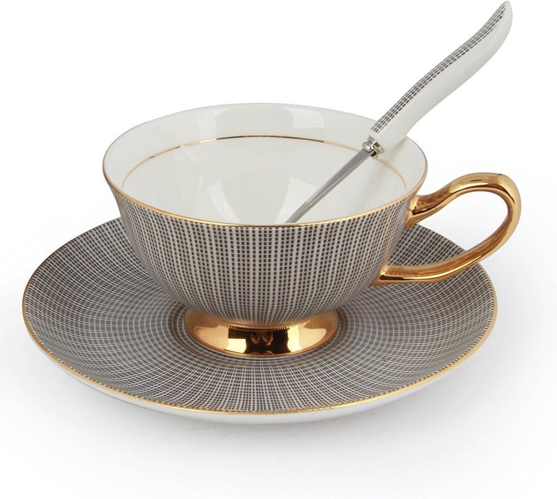Eplze Bone China Cup and Saucer Set 68oz Coffee Cup for Afternoon Tea Embossed Texture Grey - Image 1