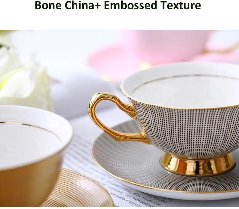 Eplze Bone China Cup and Saucer Set 68oz Coffee Cup for Afternoon Tea Embossed Texture Grey - Image 4