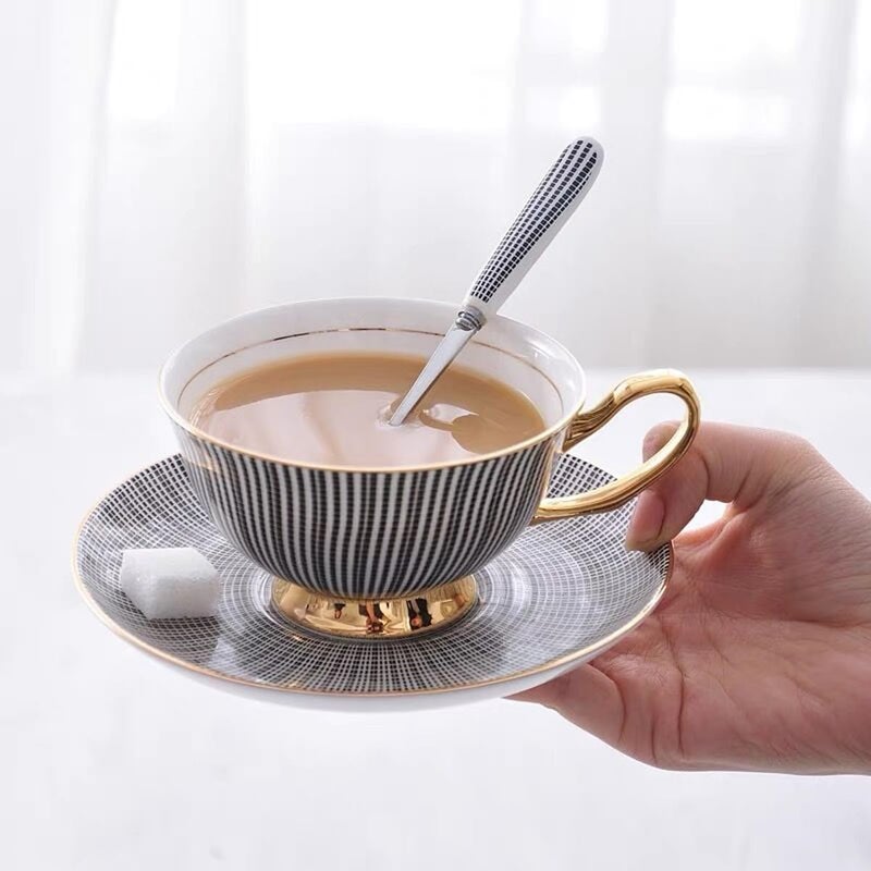Eplze Bone China Cup and Saucer Set 68oz Coffee Cup for Afternoon Tea Embossed Texture Grey - Image 5