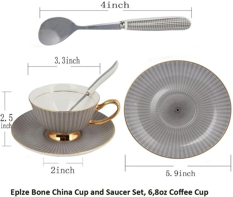 Eplze Bone China Cup and Saucer Set 68oz Coffee Cup for Afternoon Tea Embossed Texture Grey - Image 2