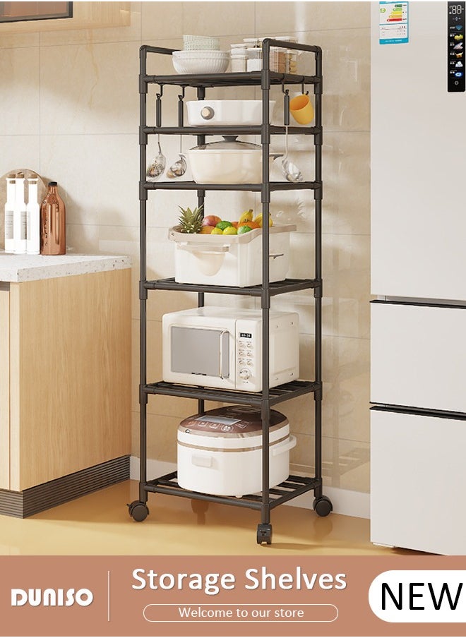 DUNISO 6 Tier Storage Shelves, Stable Kitchen Shelf Organizer, Metal Storage Rack with Rolling Wheels and Armrests, Removable Free Standing Rack with 4 Hooks, Multipurpose Rack, Shelving Unit for Laundry Room,Living Room,Garage,Pantry,Study Room  - Image 1